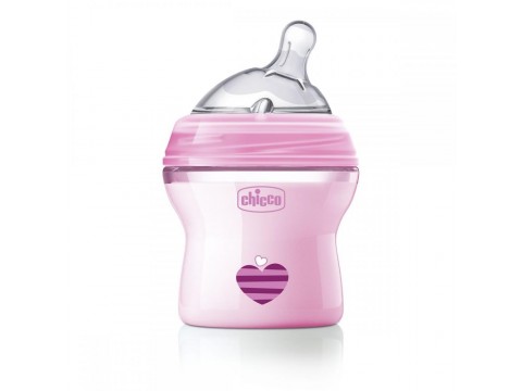 Biberon Chicco Natural Feeling, plastic, roz, 150ml, t.s. inclinata, 0luni+, flux normal, 0%BPA